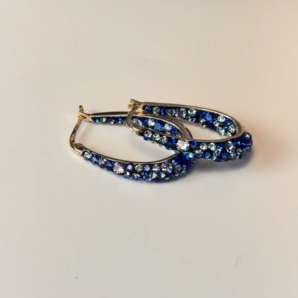 Vintage Hoop Earrings Blue Crystal Brass Thailand Boho Statement Jewelry